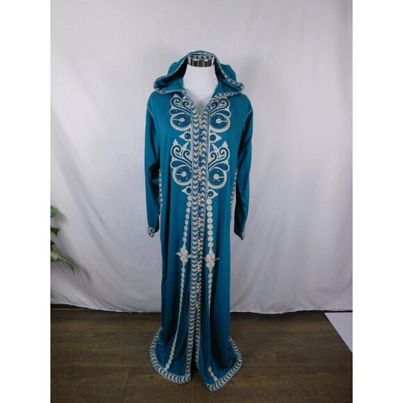 Moroccan Djellaba Robe Womens One Size Teal Hooded Embroidered Beaded Kaftan - Picture 1 of 12
